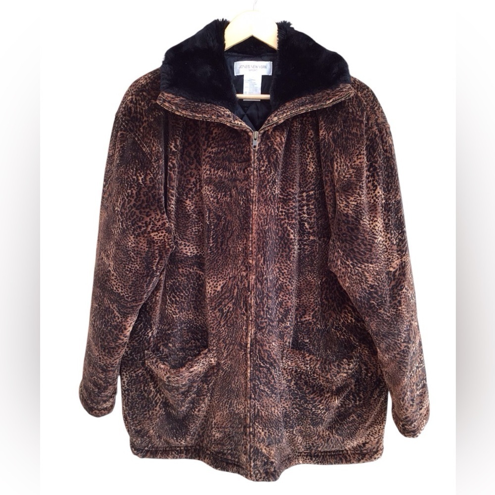 Jones New York Animal Print Velour Parka Coat Size Medium